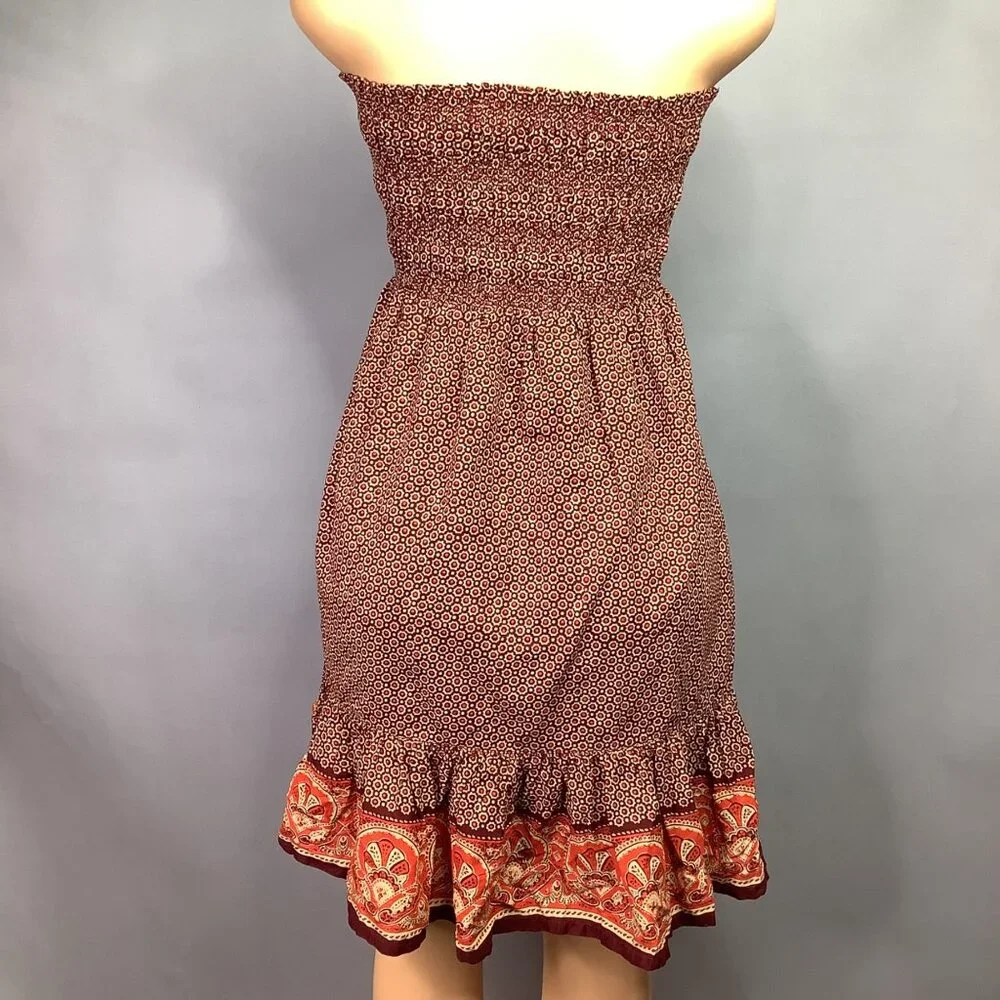 Vintage Bohemian Strapless Smocked Midi Dress With Ornate Border Print - Picture 4 of 8